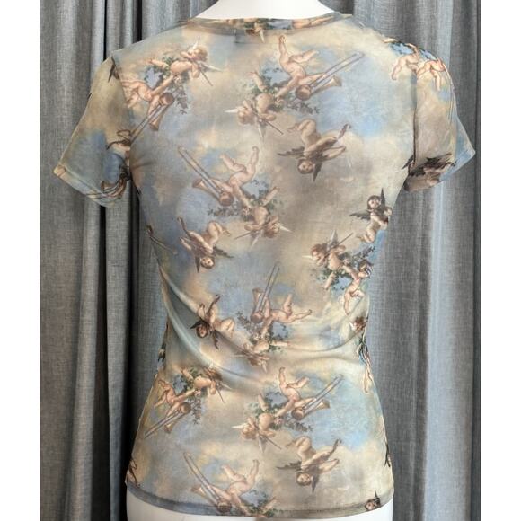Sweet Lilac Sheer Mesh Baby Angel Cherub Print Short Sleeve Top Size S Y2K - Picture 14 of 14